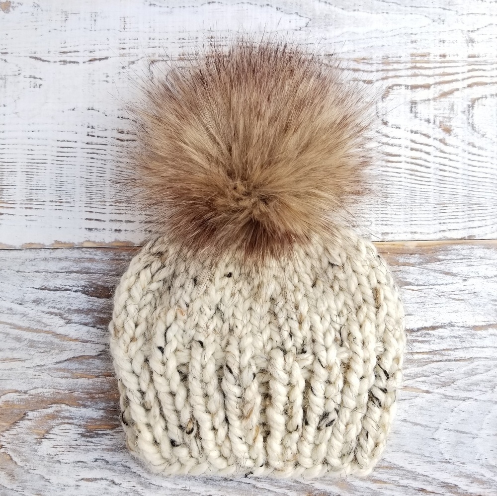 Faux Fur Pompom Baby Hat Newborn - 12 Months Wheat